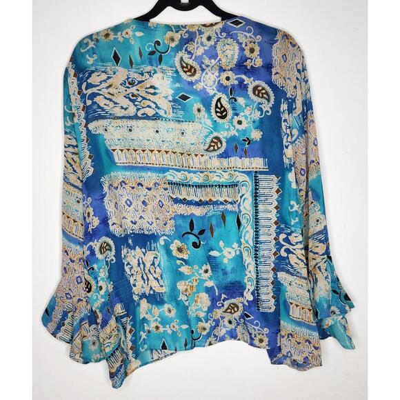 Ashley Stewart Shirt Womens Plus 22 Blue Teal Boho Paisley Peasant Top Blouse - Picture 5 of 6